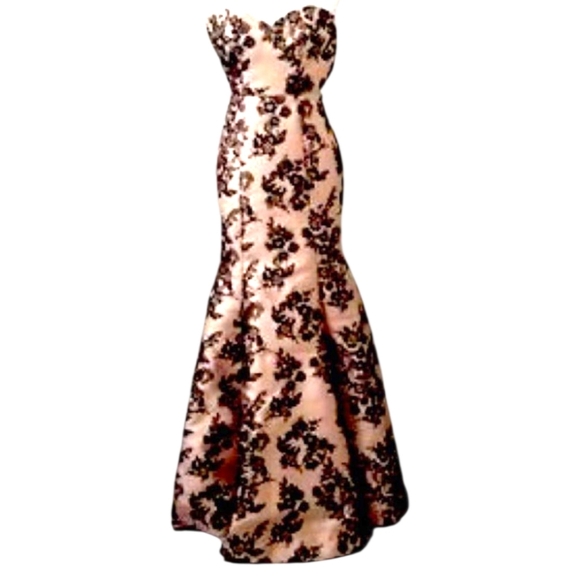 Tiffany Designs Satin Blush Floral Strapless Mermaid Formal Gown Sequins Size 8 - Picture 2 of 15